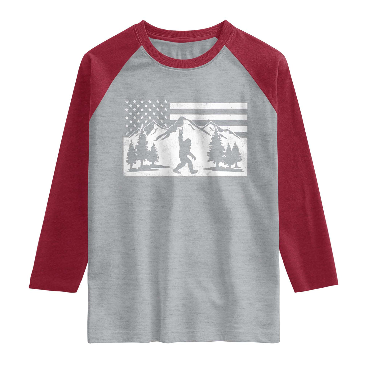 Patriotic Bigfoot American Flag in Forest Raglan Shirt TS11 Heather Gray Heather Red Print Your Wear