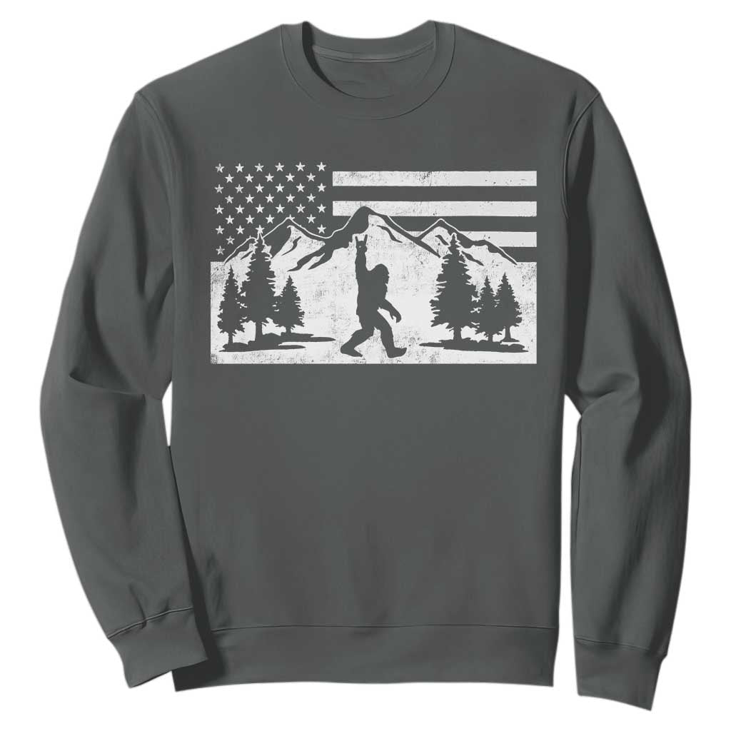 Patriotic Bigfoot American Flag in Forest Sweatshirt TS11 Dark Heather Print Your Wear