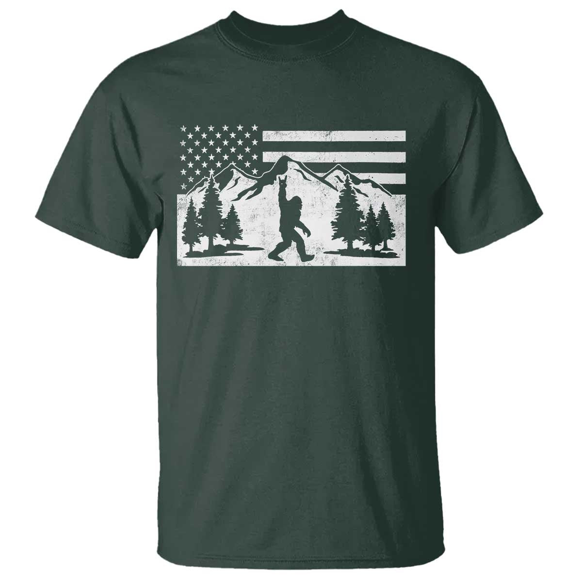 Patriotic Bigfoot American Flag in Forest T Shirt TS11 Dark Forest Green Print Your Wear