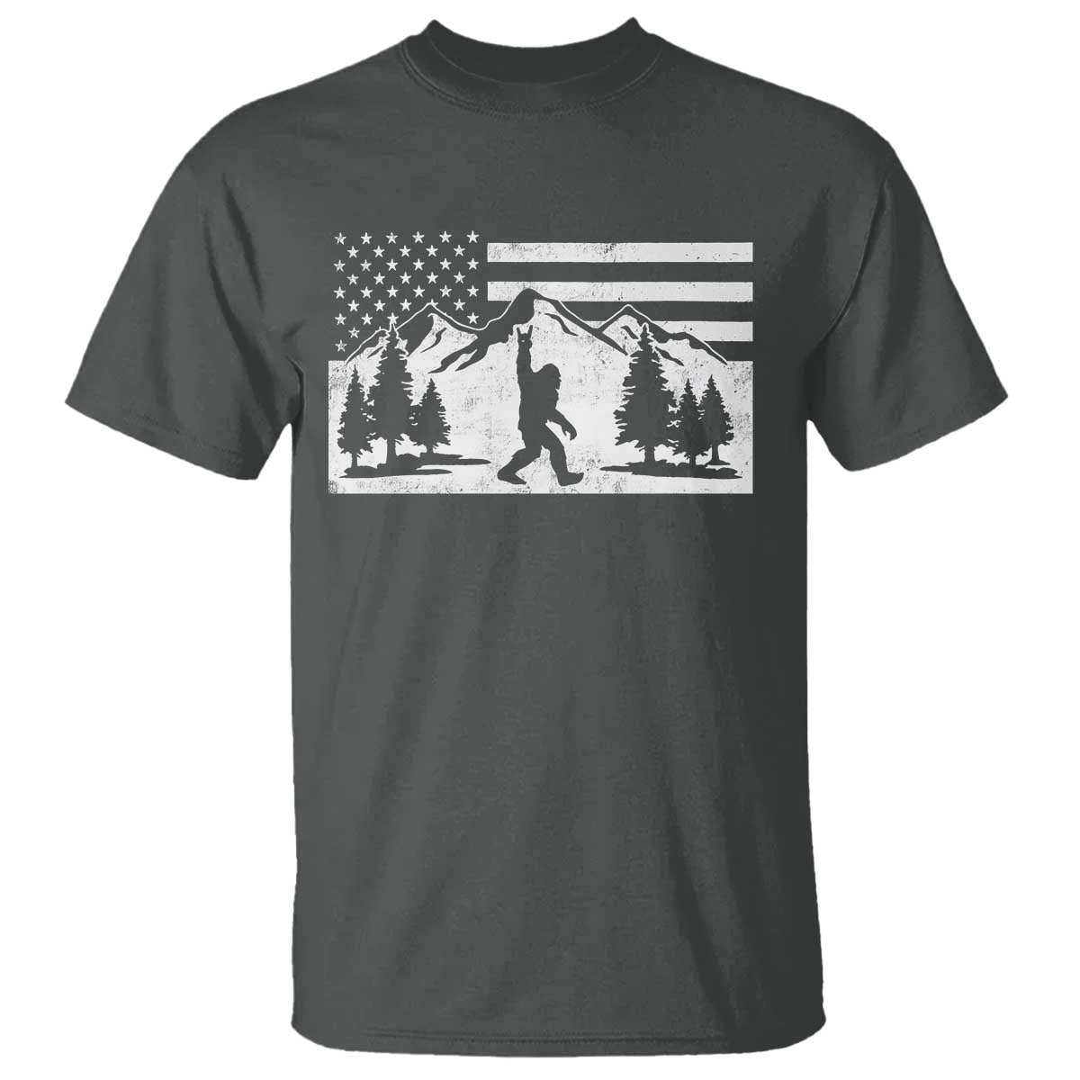 Patriotic Bigfoot American Flag in Forest T Shirt TS11 Dark Heather Print Your Wear