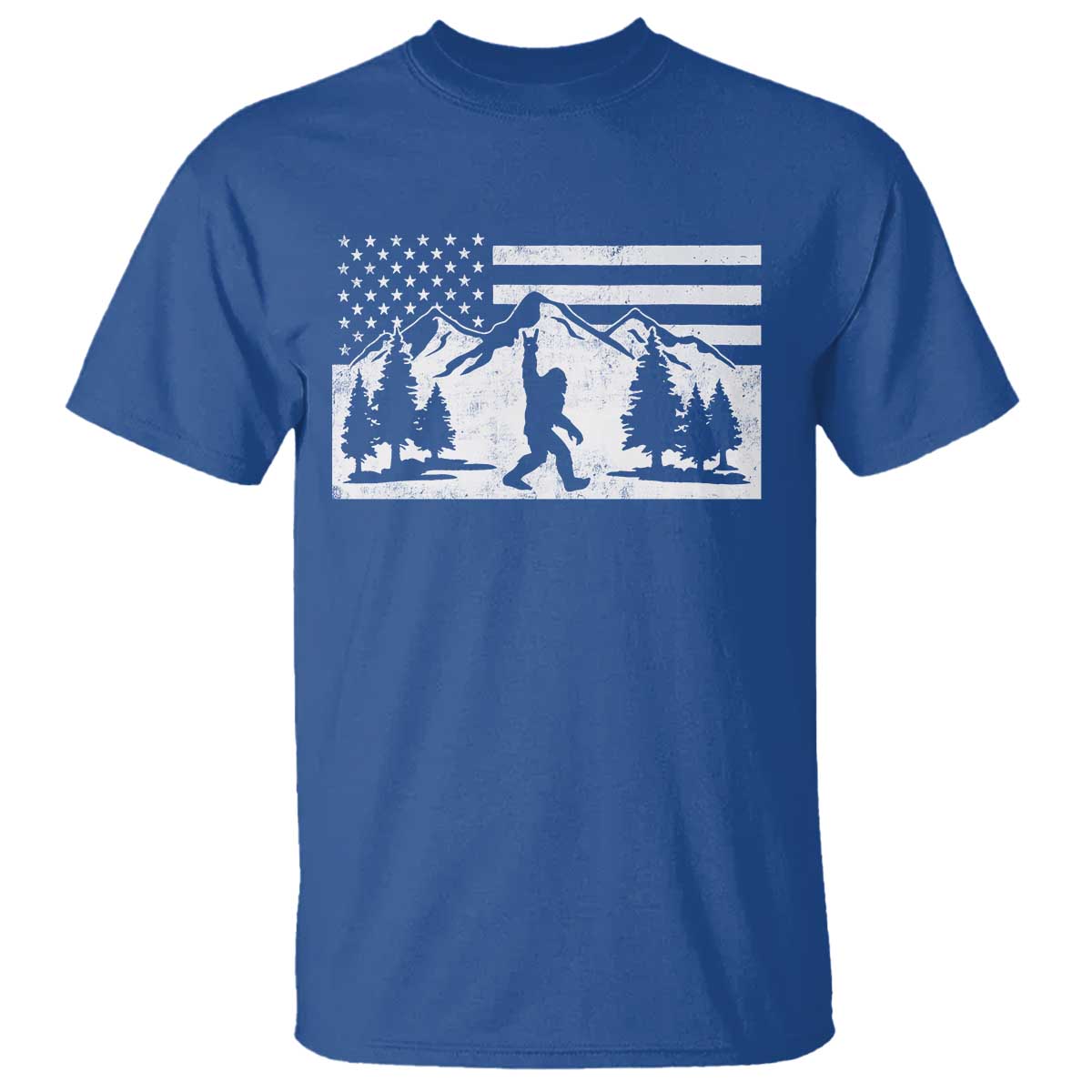 Patriotic Bigfoot American Flag in Forest T Shirt TS11 Royal Blue Print Your Wear