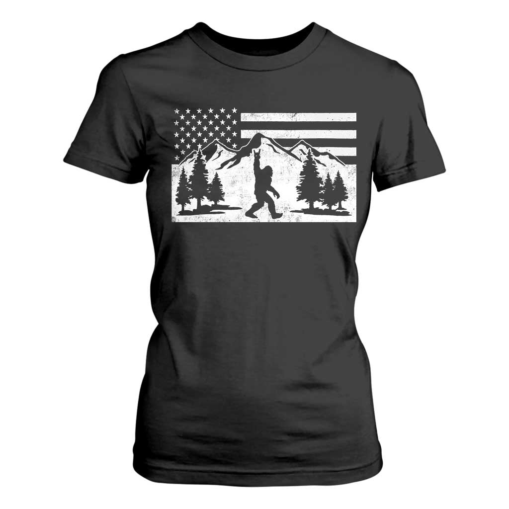 Patriotic Bigfoot American Flag in Forest T Shirt For Women TS11 Black Print Your Wear