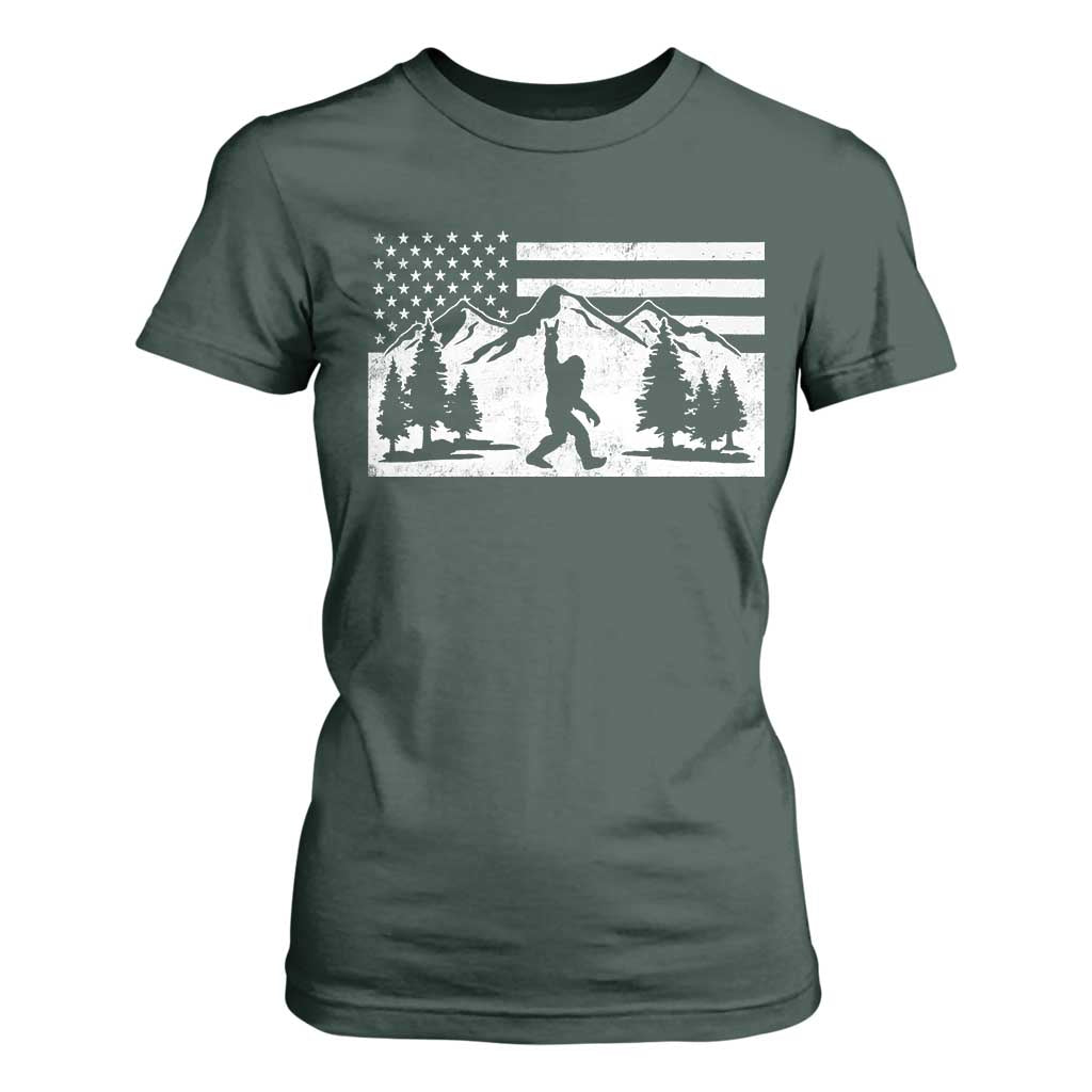 Patriotic Bigfoot American Flag in Forest T Shirt For Women TS11 Dark Forest Green Print Your Wear