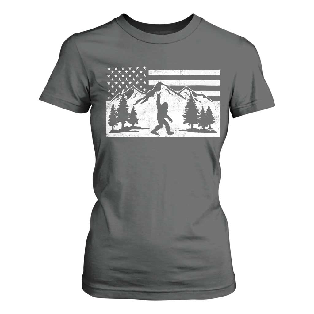 Patriotic Bigfoot American Flag in Forest T Shirt For Women TS11 Dark Heather Print Your Wear