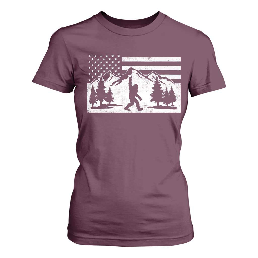 Patriotic Bigfoot American Flag in Forest T Shirt For Women TS11 Maroon Print Your Wear