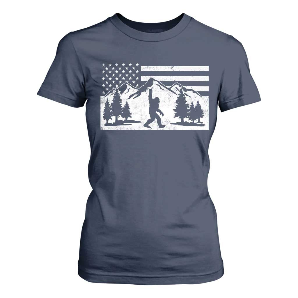Patriotic Bigfoot American Flag in Forest T Shirt For Women TS11 Navy Print Your Wear