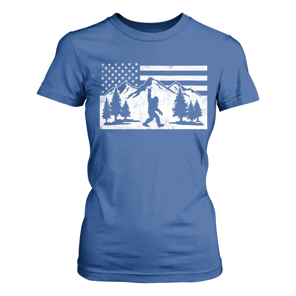 Patriotic Bigfoot American Flag in Forest T Shirt For Women TS11 Royal Blue Print Your Wear