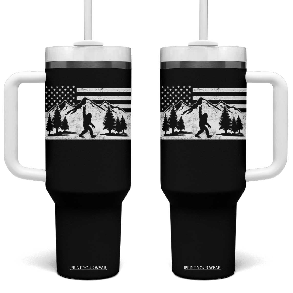 Patriotic Bigfoot American Flag in Forest Tumbler With Handle TS11 One Size: 40 oz Black Print Your Wear