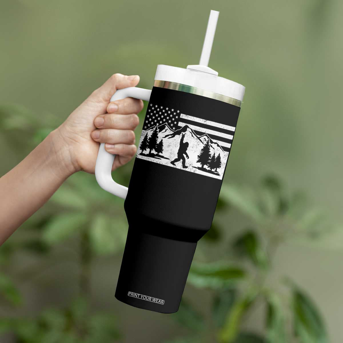 Patriotic Bigfoot American Flag in Forest Tumbler With Handle TS11 Print Your Wear