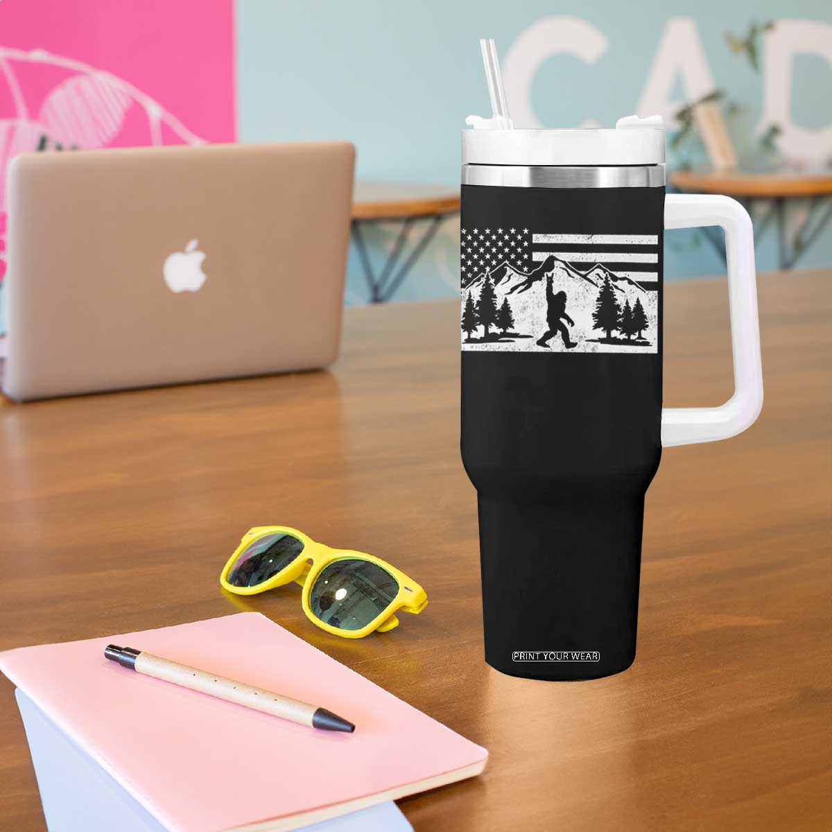 Patriotic Bigfoot American Flag in Forest Tumbler With Handle TS11 Print Your Wear