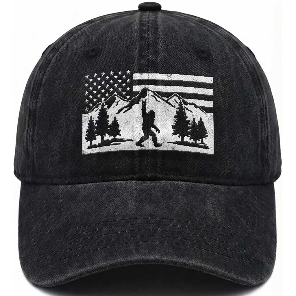 Patriotic Bigfoot American Flag in Forest Washed Cotton Baseball Cap TS11 Print Your Wear