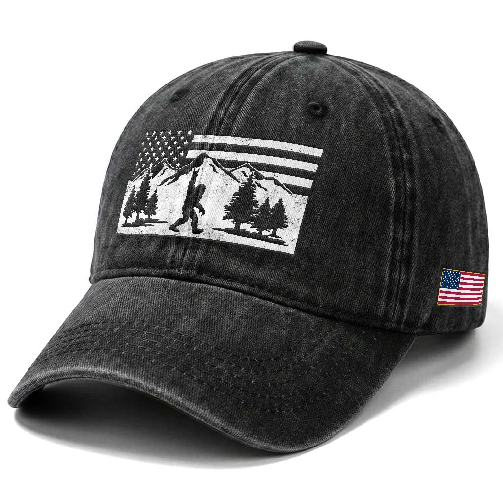 Patriotic Bigfoot American Flag in Forest Washed Cotton Baseball Cap TS11 Print Your Wear