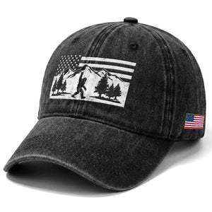Patriotic Bigfoot American Flag in Forest Washed Cotton Baseball Cap TS11 Print Your Wear