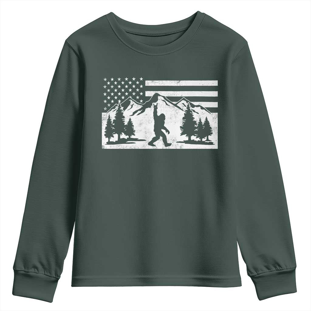 Patriotic Bigfoot American Flag in Forest Youth Sweatshirt TS11 Dark Forest Green Print Your Wear