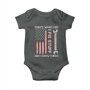 Thats What I Do I Fix Stuff And I Know Things Baby Onesie Funny Mechanic Engineer Vintage American Flag TS11 Dark Heather Print Your Wear
