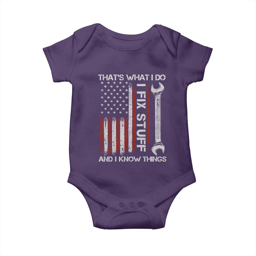 Thats What I Do I Fix Stuff And I Know Things Baby Onesie Funny Mechanic Engineer Vintage American Flag TS11 Purple Print Your Wear