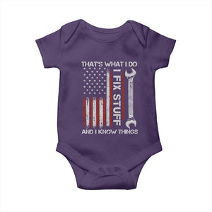Thats What I Do I Fix Stuff And I Know Things Baby Onesie Funny Mechanic Engineer Vintage American Flag TS11 Purple Print Your Wear