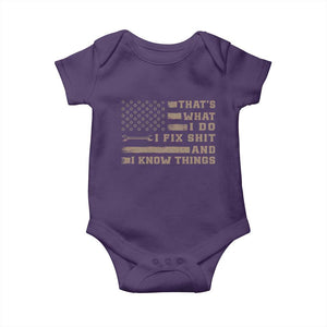 Thats What I Do I Fix Shit And I Know Things Baby Onesie Funny Mechanic American Flag TS11 Purple Print Your Wear