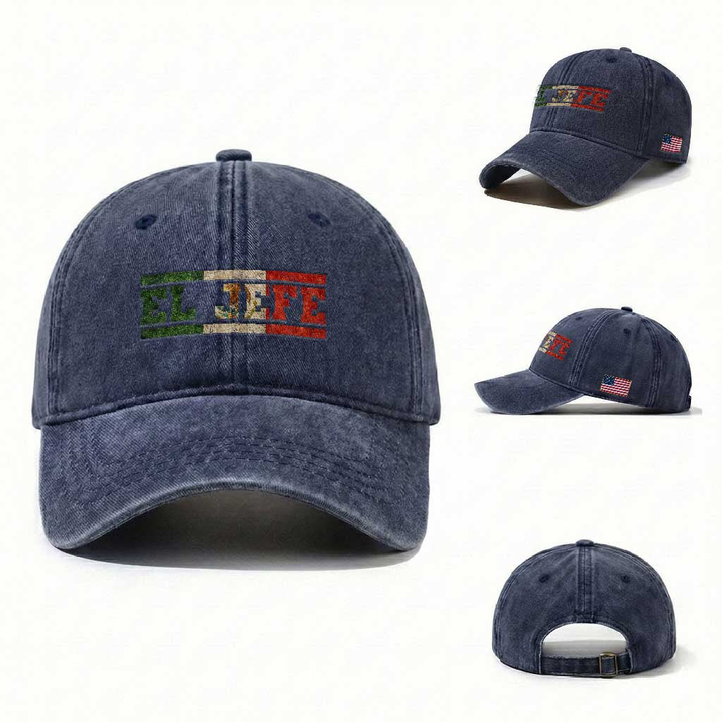 El Jefe Washed Cotton Baseball Cap Funny Mexican Boss Spanish Slang TS11 Washed Cap Universal Fit Navy Print Your Wear