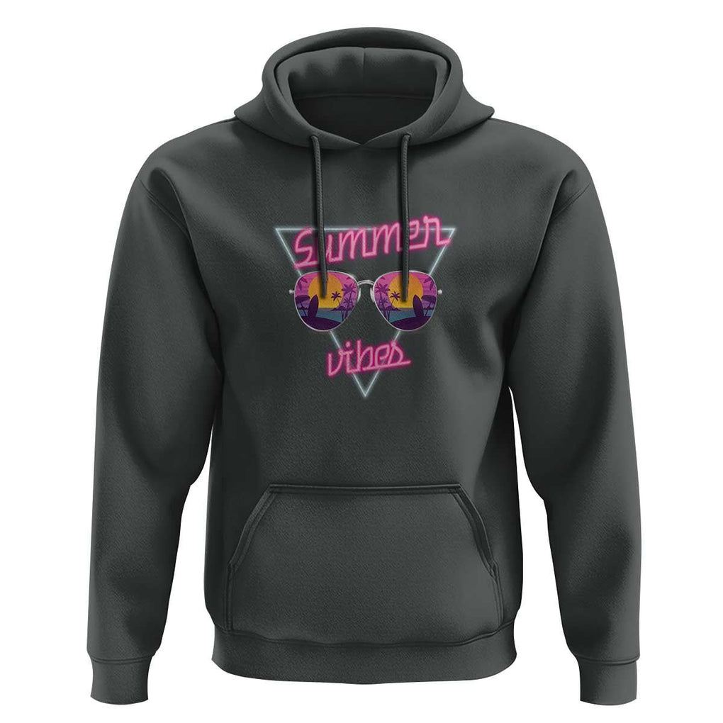 80s Summer Vacation Hoodie Summer Vibes Neon Sunglasses and Ocean Beach Palm Tree TS11 Dark Heather Print Your Wear