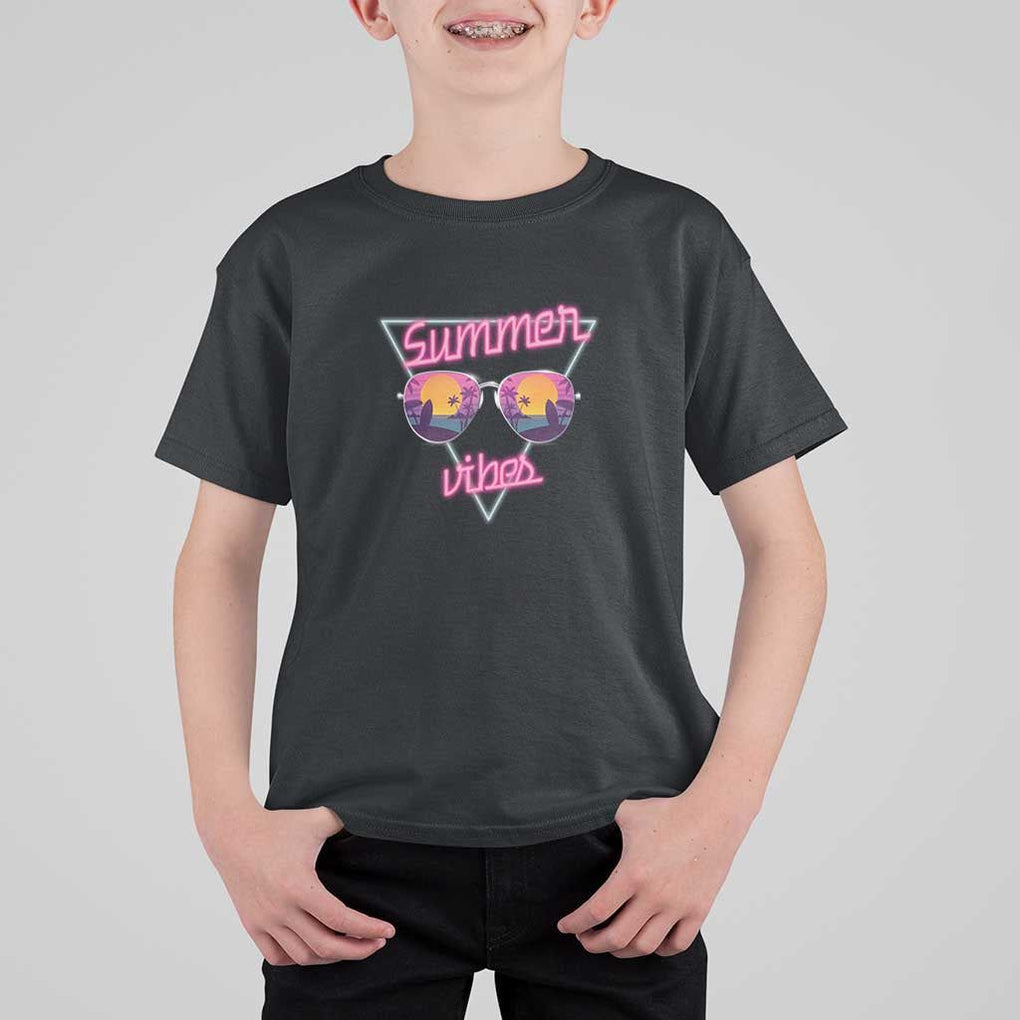 80s Summer Vacation T Shirt For Kid Summer Vibes Neon Sunglasses and Ocean Beach Palm Tree TS11 Black Print Your Wear