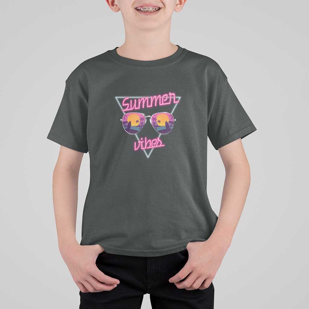 80s Summer Vacation T Shirt For Kid Summer Vibes Neon Sunglasses and Ocean Beach Palm Tree TS11 Dark Heather Print Your Wear
