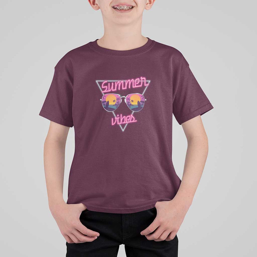 80s Summer Vacation T Shirt For Kid Summer Vibes Neon Sunglasses and Ocean Beach Palm Tree TS11 Maroon Print Your Wear