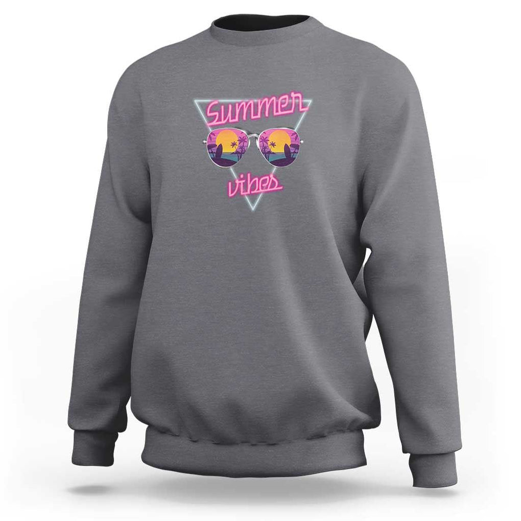 80s Summer Vacation Sweatshirt Summer Vibes Neon Sunglasses and Ocean Beach Palm Tree TS11 Charcoal Print Your Wear