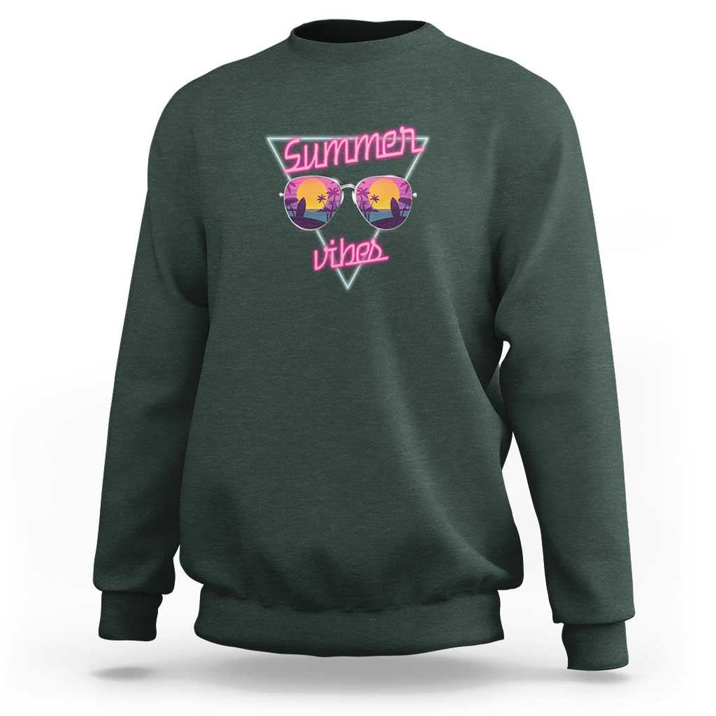 80s Summer Vacation Sweatshirt Summer Vibes Neon Sunglasses and Ocean Beach Palm Tree TS11 Dark Forest Green Print Your Wear
