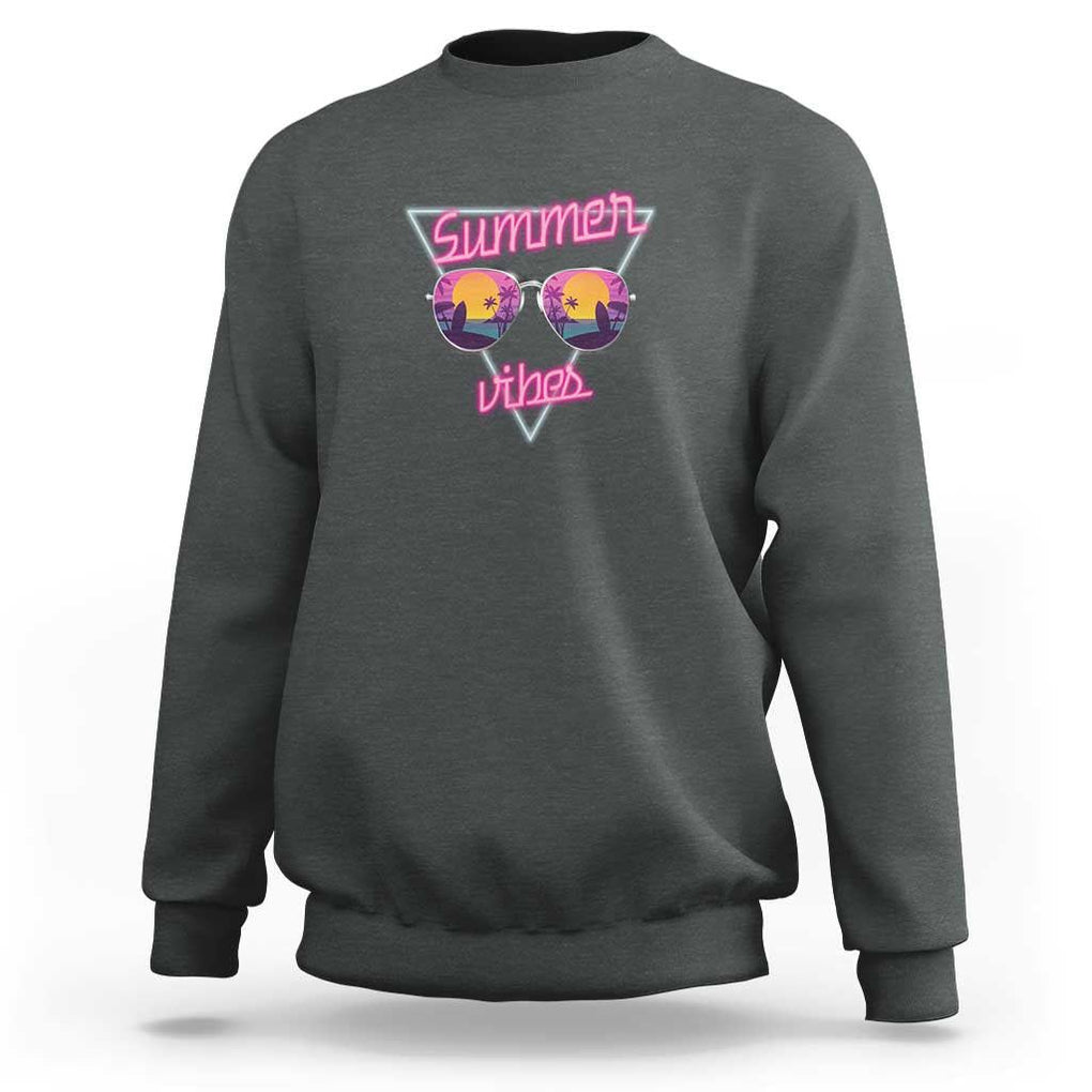 80s Summer Vacation Sweatshirt Summer Vibes Neon Sunglasses and Ocean Beach Palm Tree TS11 Dark Heather Print Your Wear
