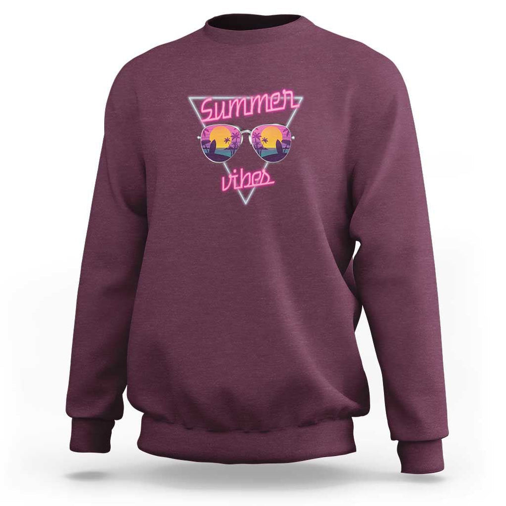 80s Summer Vacation Sweatshirt Summer Vibes Neon Sunglasses and Ocean Beach Palm Tree TS11 Maroon Print Your Wear