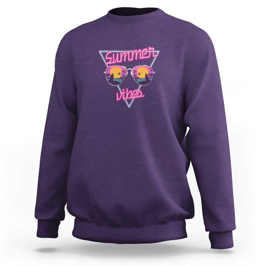 80s Summer Vacation Sweatshirt Summer Vibes Neon Sunglasses and Ocean Beach Palm Tree TS11 Purple Print Your Wear