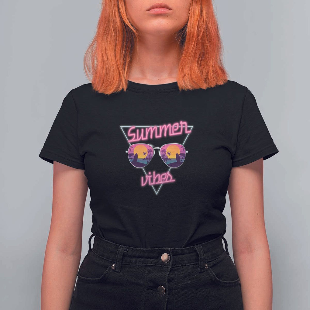 80s Summer Vacation T Shirt For Women Summer Vibes Neon Sunglasses and Ocean Beach Palm Tree TS11 Black Print Your Wear