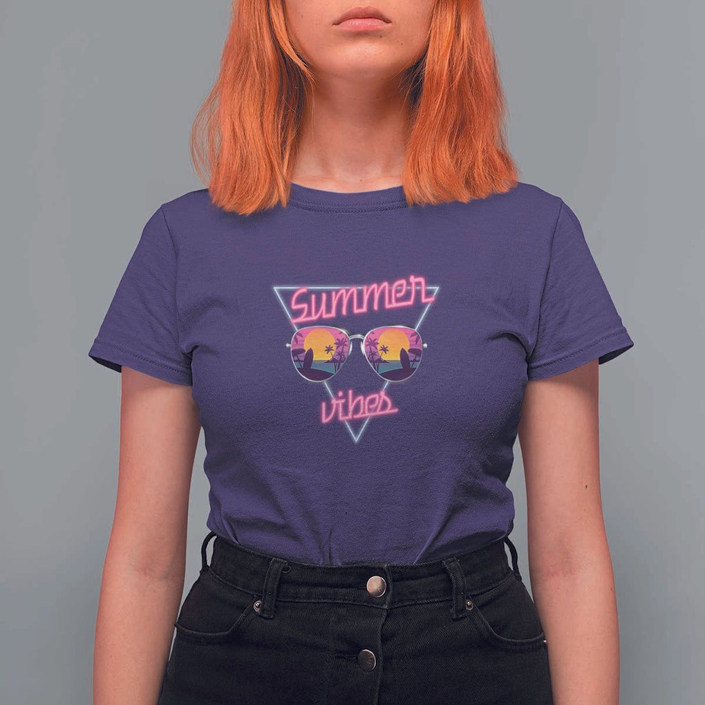 80s Summer Vacation T Shirt For Women Summer Vibes Neon Sunglasses and Ocean Beach Palm Tree TS11 Purple Print Your Wear