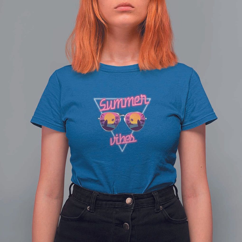 80s Summer Vacation T Shirt For Women Summer Vibes Neon Sunglasses and Ocean Beach Palm Tree TS11 Royal Blue Print Your Wear