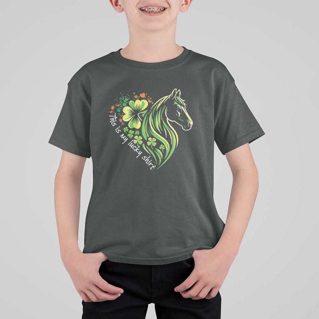 Horse Racing T Shirt For Kid This Is My Lucky Shirt Equestrian Four Leaf Clover TS11 Dark Heather Print Your Wear