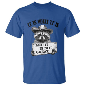 Funny Raccoon T Shirt It Is What It Is And It Is Not Great Text Display Board TS11 Royal Blue Print Your Wear