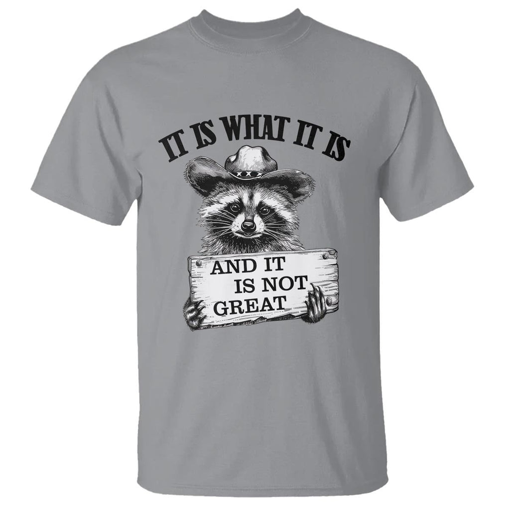 Funny Raccoon T Shirt It Is What It Is And It Is Not Great Text Display Board TS11 Sport Gray Print Your Wear