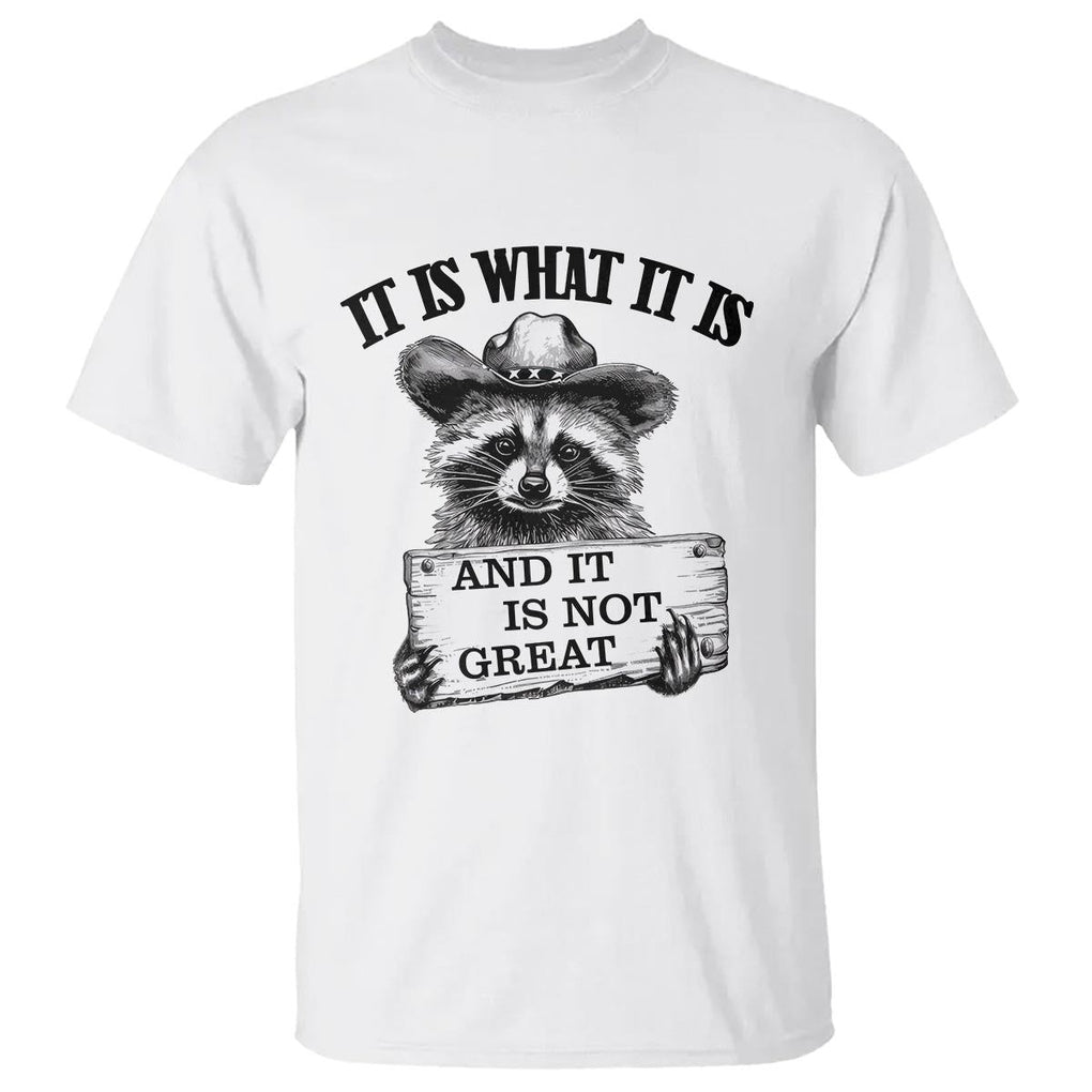 Funny Raccoon T Shirt It Is What It Is And It Is Not Great Text Display Board TS11 White Print Your Wear