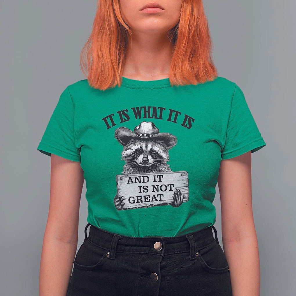 Funny Raccoon T Shirt For Women It Is What It Is And It Is Not Great Text Display Board TS11 Irish Green Print Your Wear