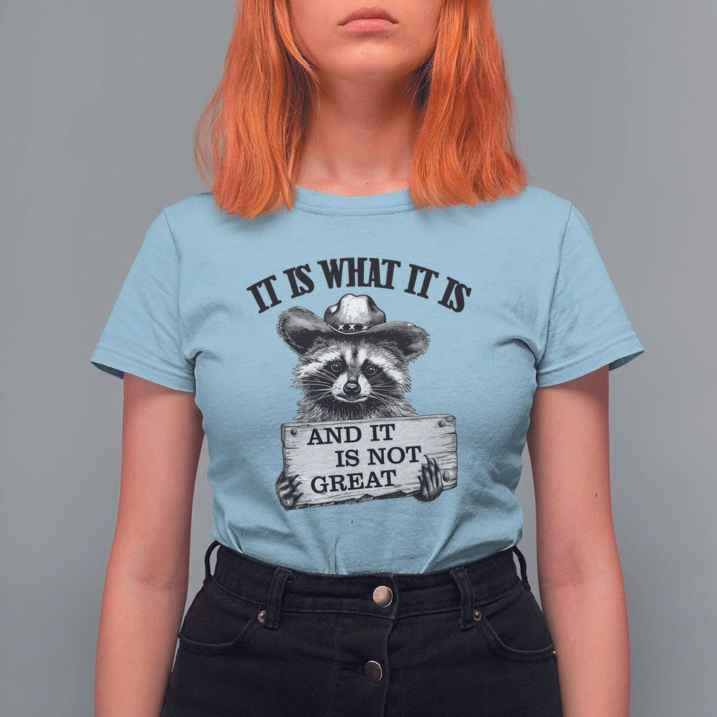 Funny Raccoon T Shirt For Women It Is What It Is And It Is Not Great Text Display Board TS11 Light Blue Print Your Wear
