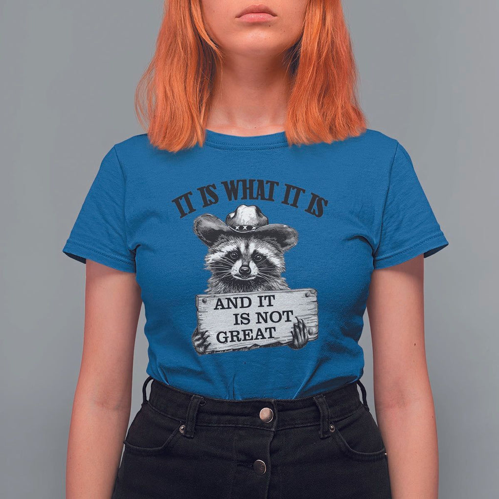 Funny Raccoon T Shirt For Women It Is What It Is And It Is Not Great Text Display Board TS11 Royal Blue Print Your Wear