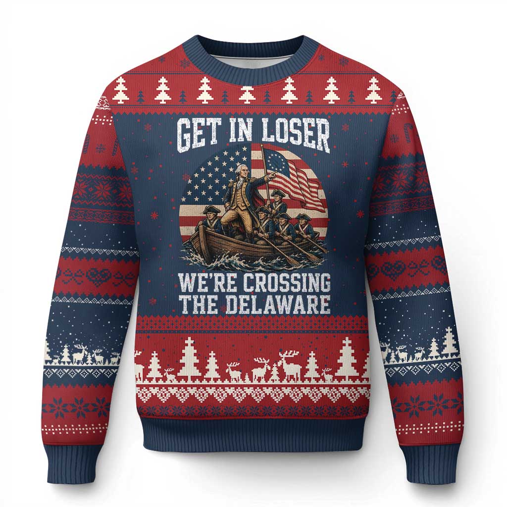 Get In Loser We Are Crossing The Delaware Ugly Christmas Sweater Funny George Washington 4th Of July TS11 Navy Red Print Your Wear
