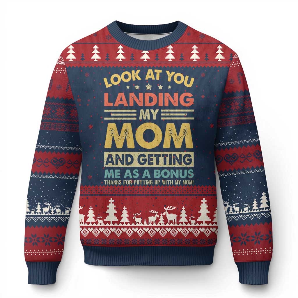 Bonus Dad Ugly Christmas Sweater Look At You Landing My Mom And Getting Me As A Bonus TS11 Navy Red Print Your Wear