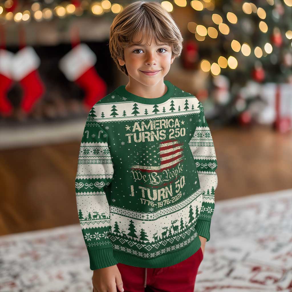 America Turns 250 I Turn 50 Ugly Christmas Sweater 50th Birthday 250th Anniversary USA 1776 1976 2026 TS11 Forest Green Beige Print Your Wear