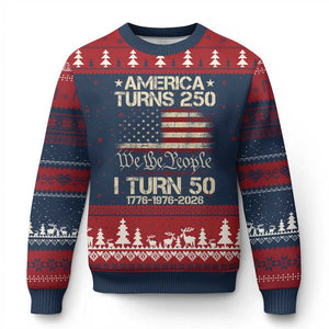 America Turns 250 I Turn 50 Ugly Christmas Sweater 50th Birthday 250th Anniversary USA 1776 1976 2026 TS11 Navy Red Print Your Wear