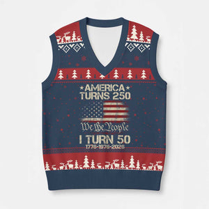 America Turns 250 I Turn 50 V-Neck Knit Sweater Vest 50th Birthday 250th Anniversary USA 1776 1976 2026 TS11 Navy Red Print Your Wear