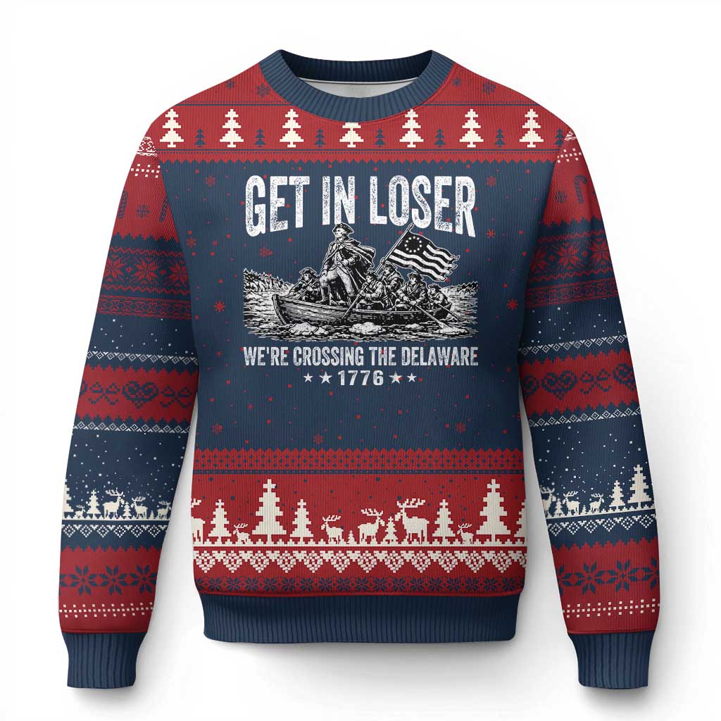 Get In Loser We Are Crossing The Delaware Ugly Christmas Sweater Funny George Washington 250th 4th Of July TS11 Navy Red Print Your Wear