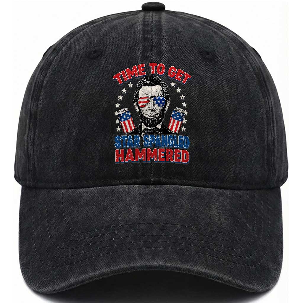 Time To Get Star Spangled Hammered Abraham Lincoln Washed Cotton Baseball Cap Funny 4th of July