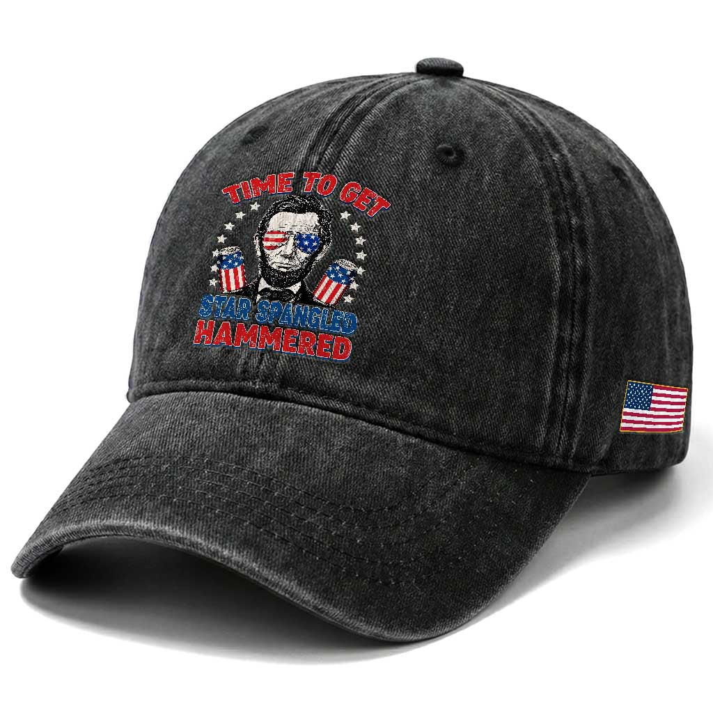 Time To Get Star Spangled Hammered Abraham Lincoln Washed Cotton Baseball Cap Funny 4th of July